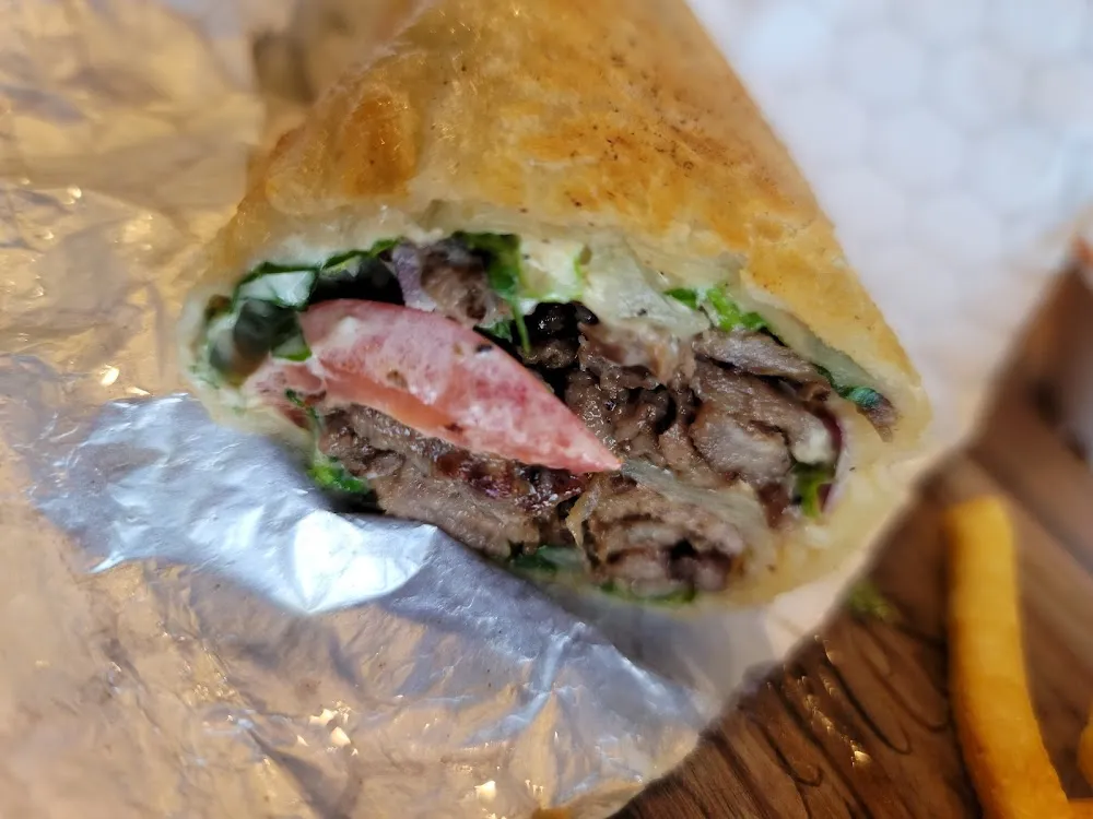 Beef Shawarma Sandwich with Cucumber Pickle and Tahini